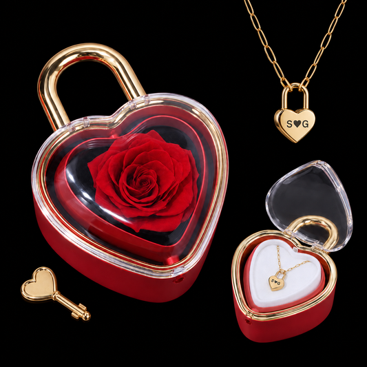 Sparkly Roses Love Lock Rose Red / Heart Lock / Gold