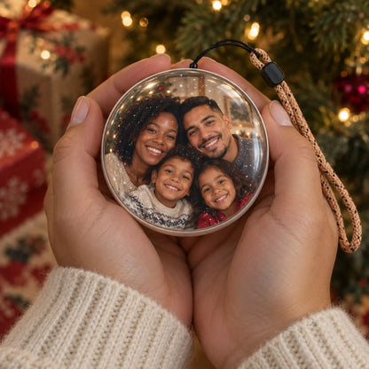 Memory Orb cupped in two hands, family photo on the round screen