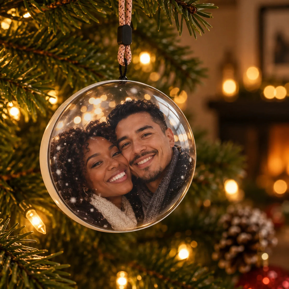 Memory Orb hanging on a Christmas tree with a couple's photo inside, white shell