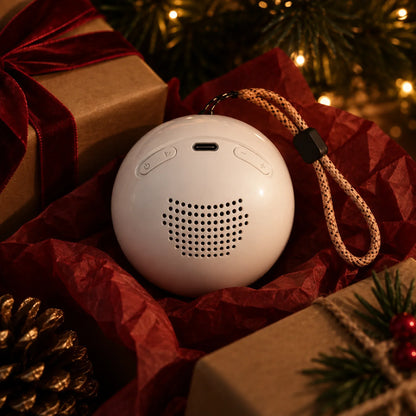 Back of the Memory Orb: white shell, speaker and cord loop