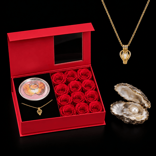 Sparkly Roses Oyster Pearl Necklace Gift Set Red / Gold