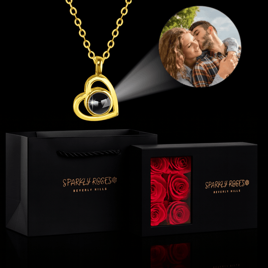 Sparkly Roses Picture Heart Necklace Gift Set Gold