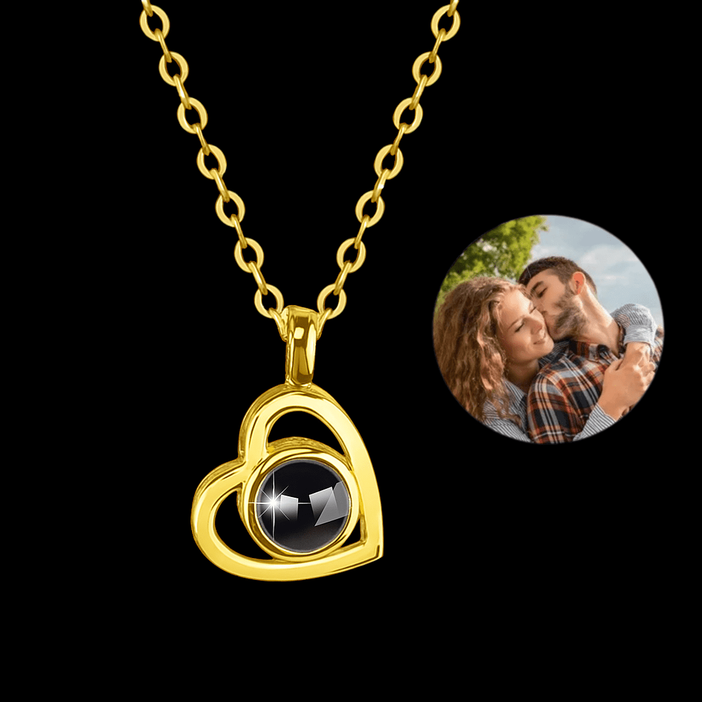 Sparkly Roses Picture Heart Necklace Gold