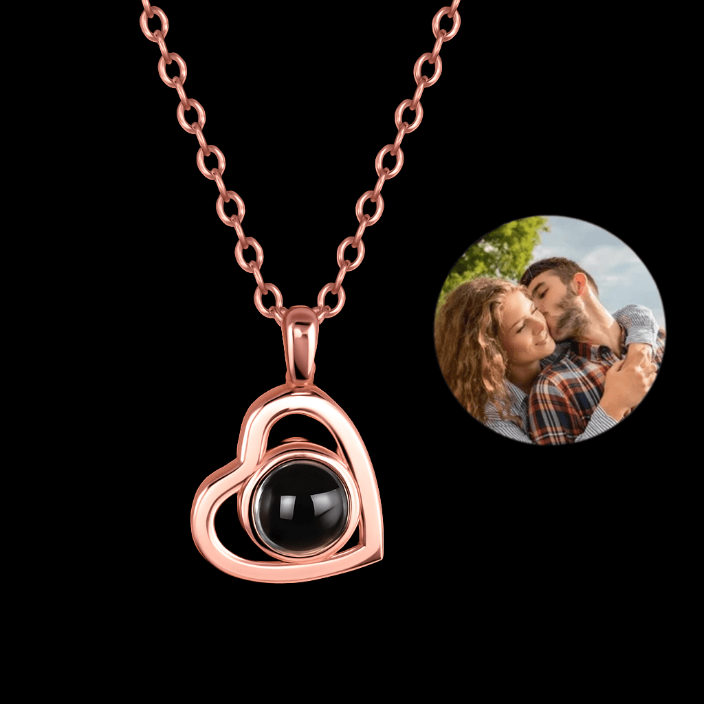 Sparkly Roses Picture Heart Necklace Rose Gold