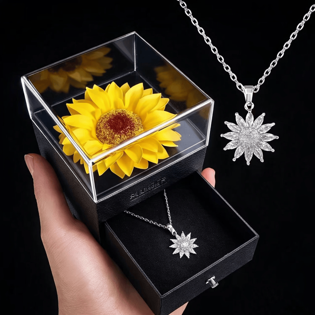Sparkly Roses Sunflower Box & Necklace Silver