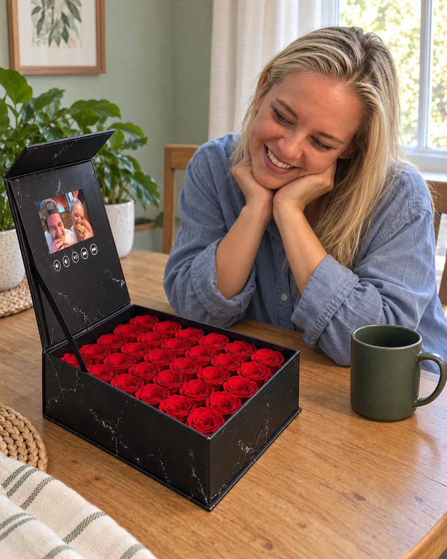 A woman in a blue shirt smiling at an earlier memory over coffee