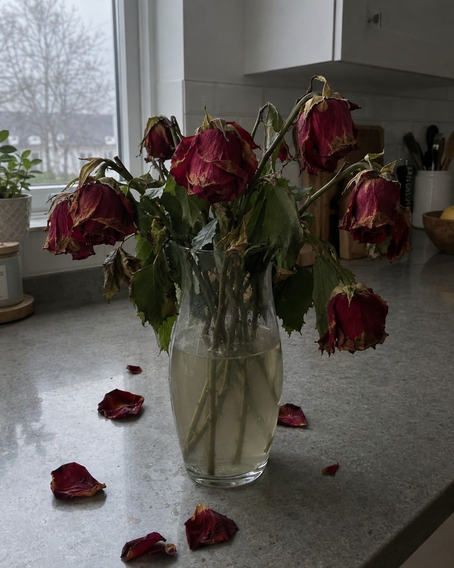 A bouquet of roses, wilted after five days
