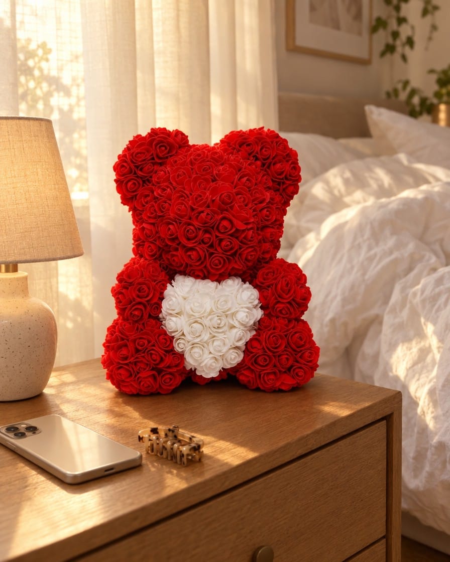 A red Rose Bear on her bedside table