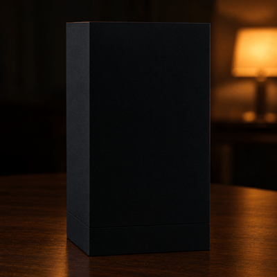 The tall black gift box it arrives in