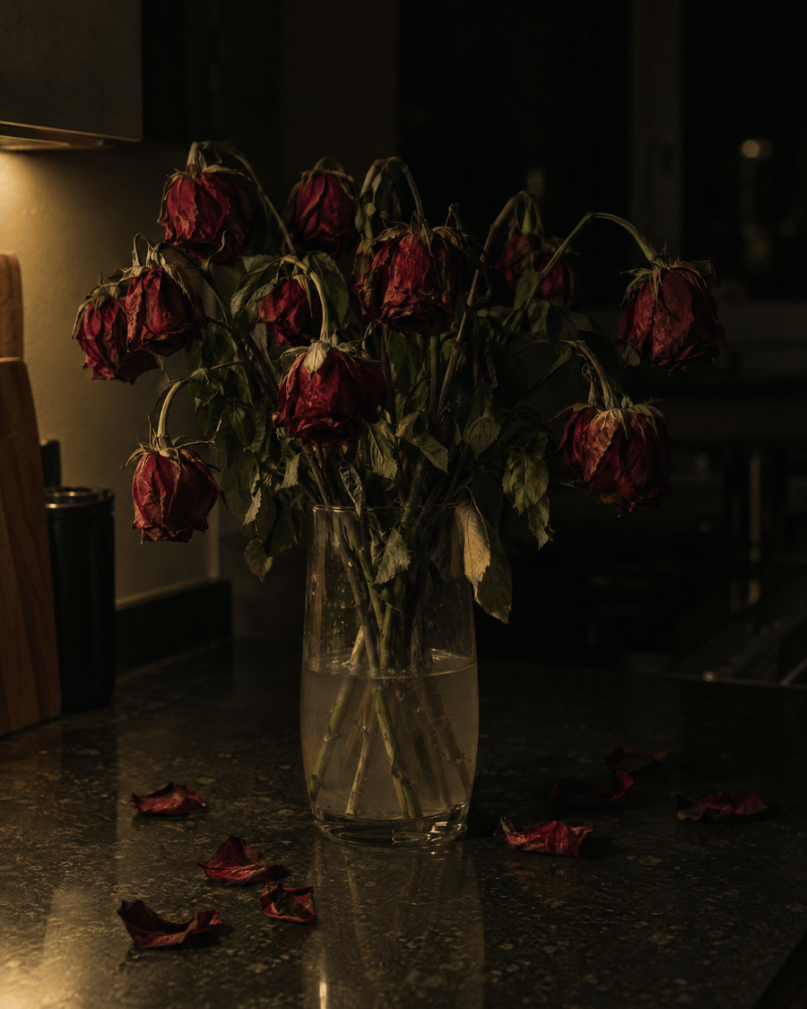 A bouquet of red roses wilting a week after it was given