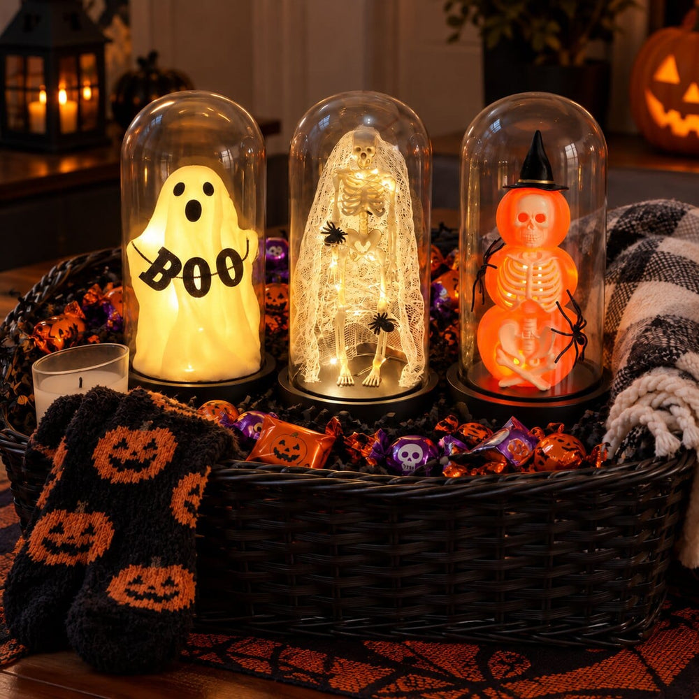 The Boo Ghost glass dome next to a bucket of Halloween candy