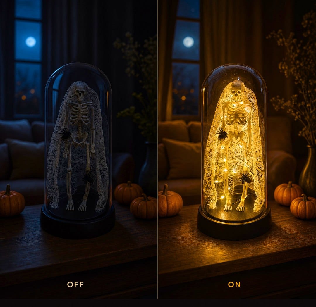 The Skeleton Bride glass dome with the lights off, and the same dome glowing with the lights on