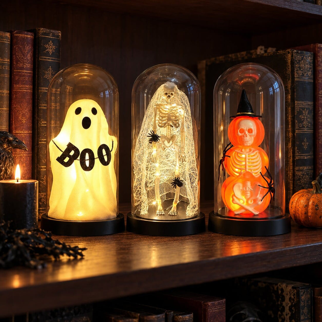 The Spooky Trio glowing on a windowsill