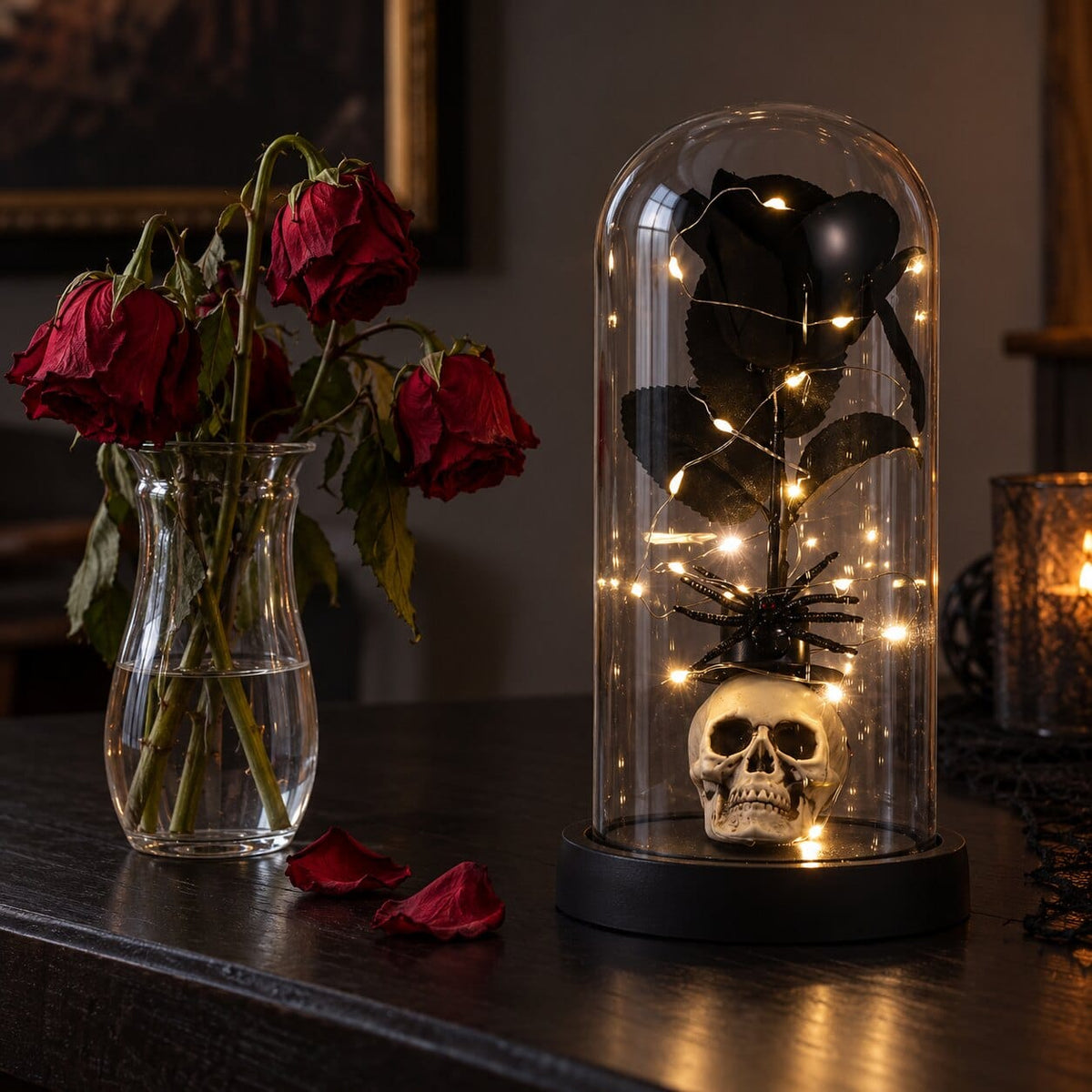 Wilted red roses next to a glowing black rose in a glass dome