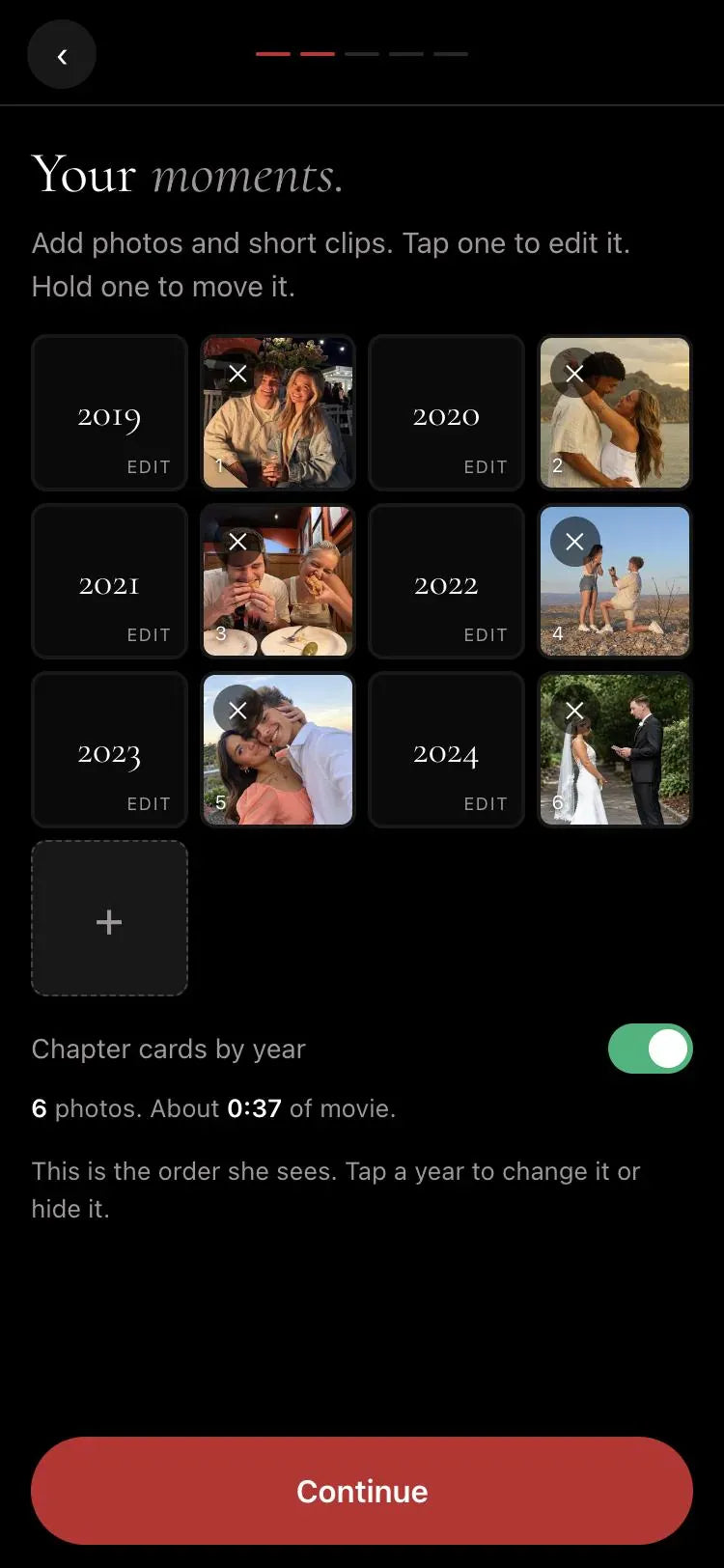 The movie maker moments screen with six couple photos sorted into years