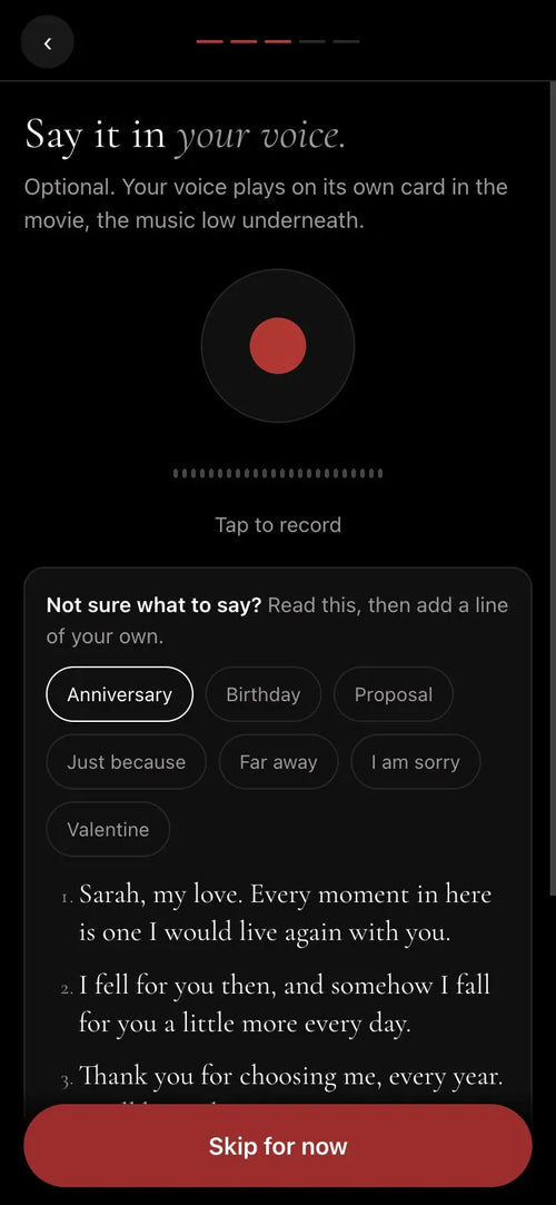 The movie maker voice screen with a record button and a written message to read