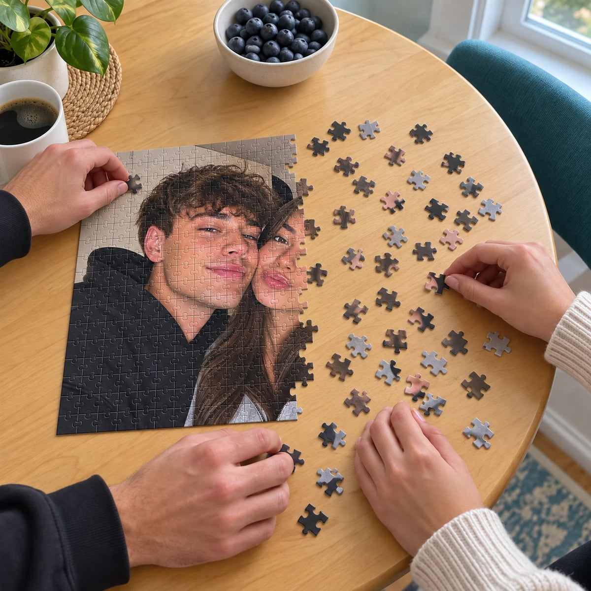 Two pairs of hands working on a half finished photo puzzle