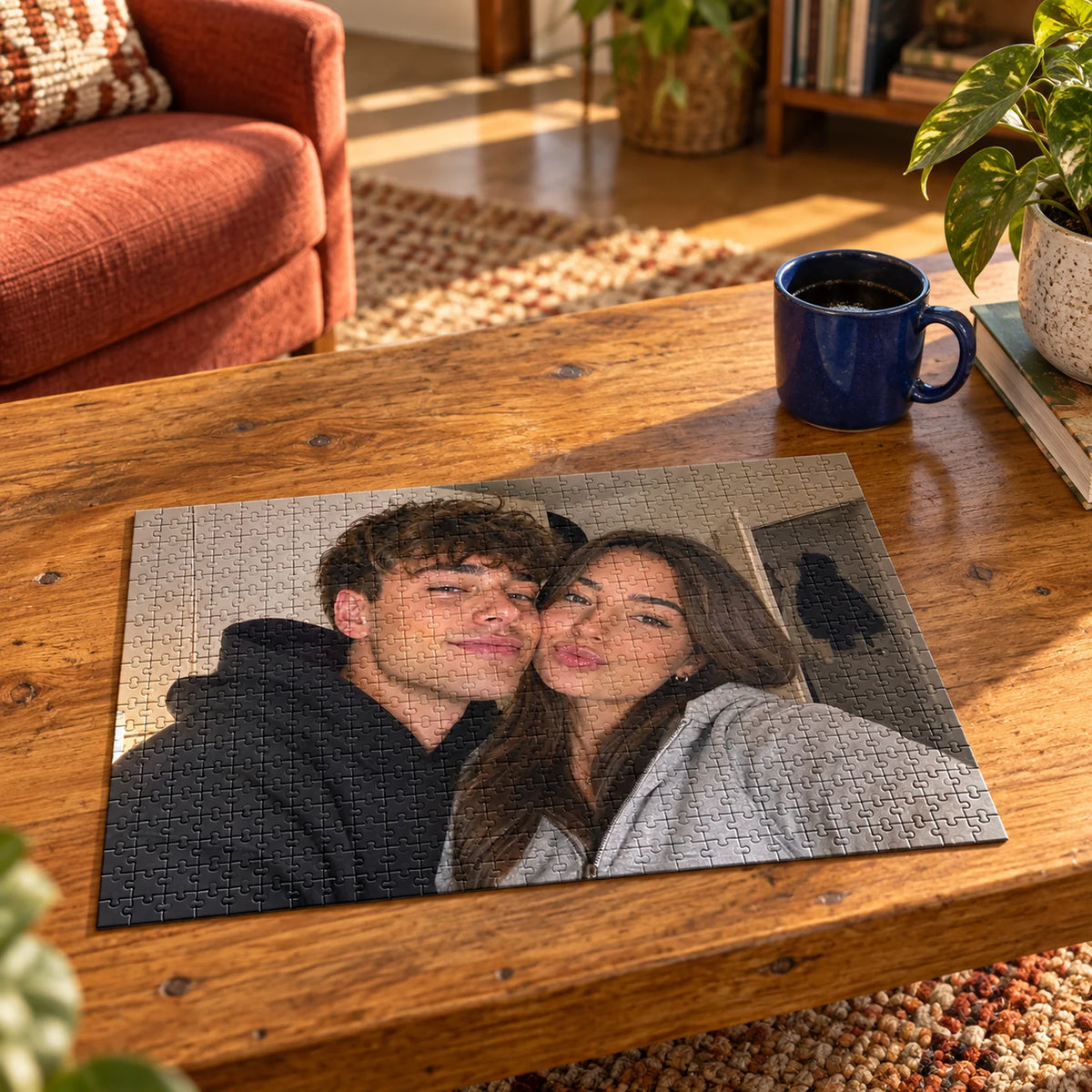 A finished photo puzzle leaning against a wall next to a candle