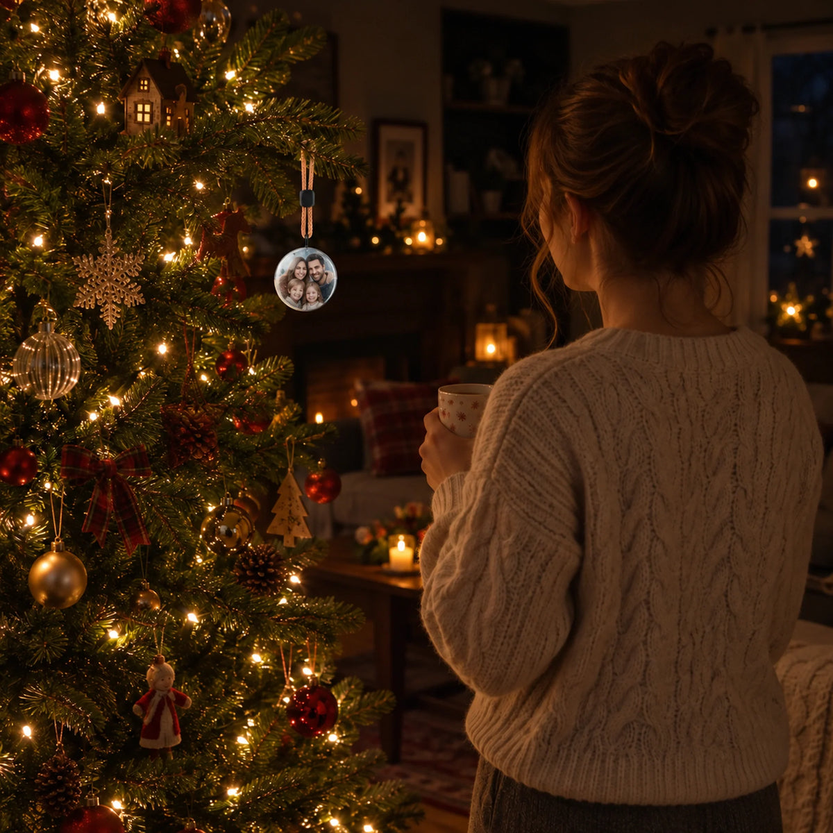 A woman in a dark living room looking at a glowing snow globe ornament on the Christmas tree