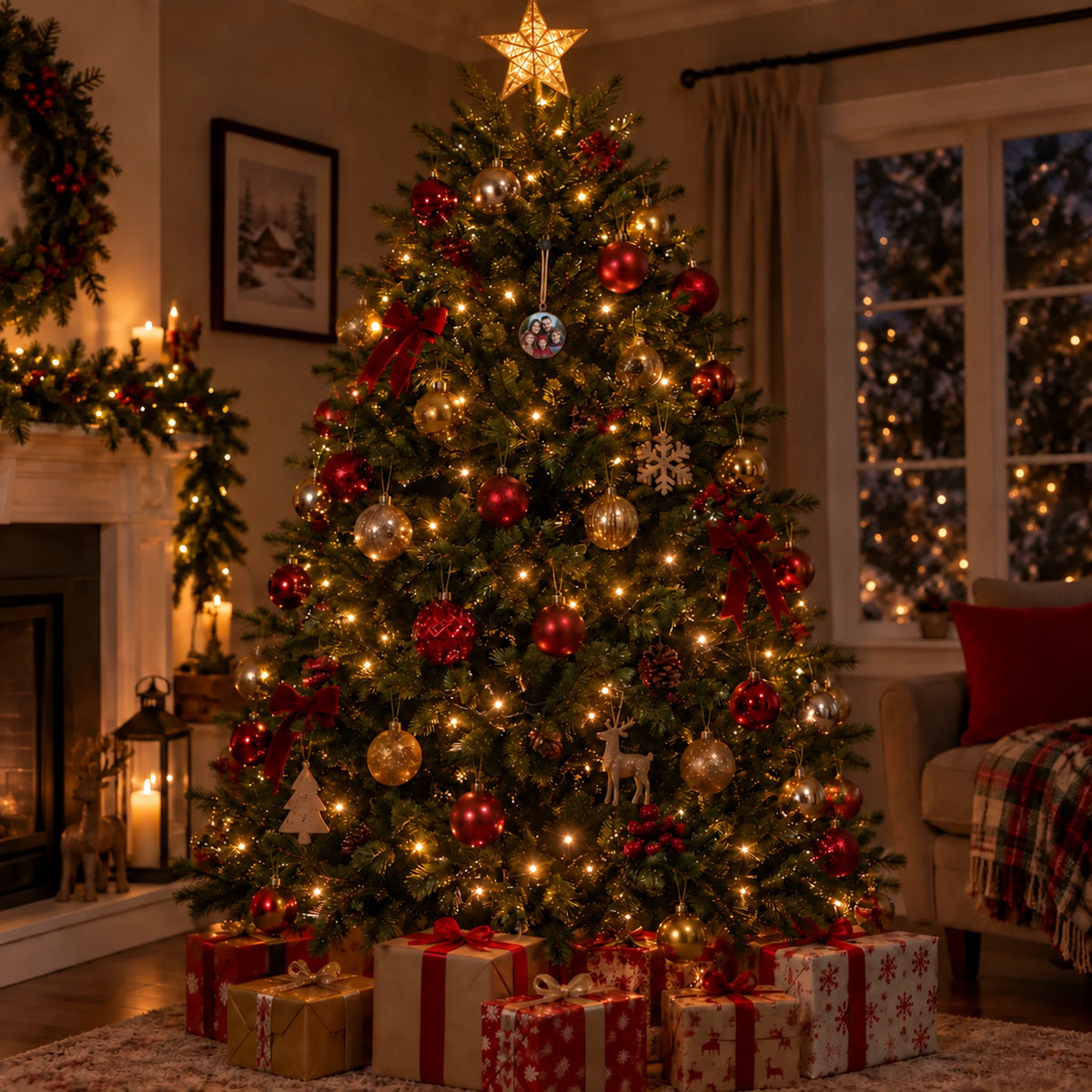 A lit Christmas tree with glass baubles and one glowing snow globe ornament at the front